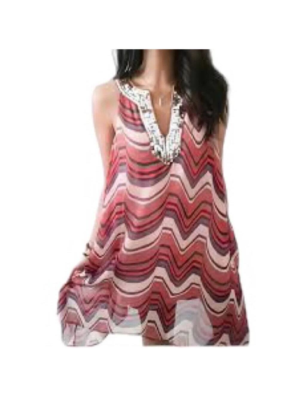 Free People EUC Women's Chevron Striped Mini Dress Sheer Chiffon Sequin Neck L